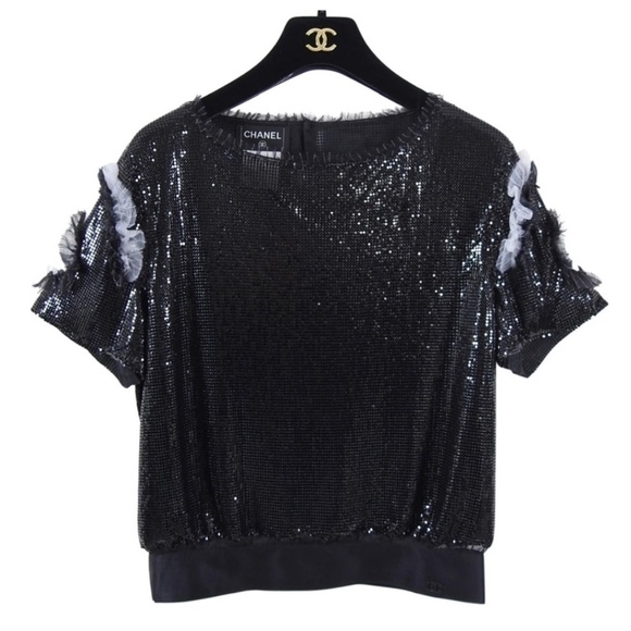 Circa Chanel 2008 Runway Sequin Black Silk top Sz 38 - Picture 4 of 13